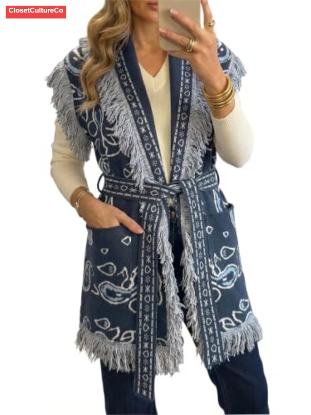Sleeveless Long Cardigan Sweater Vest Fringe Shawl Collar Boho Paisley Belted